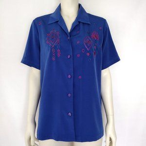 Vintage 1990s Blue Beaded Embroidered Button Down Casual Shirt Size M